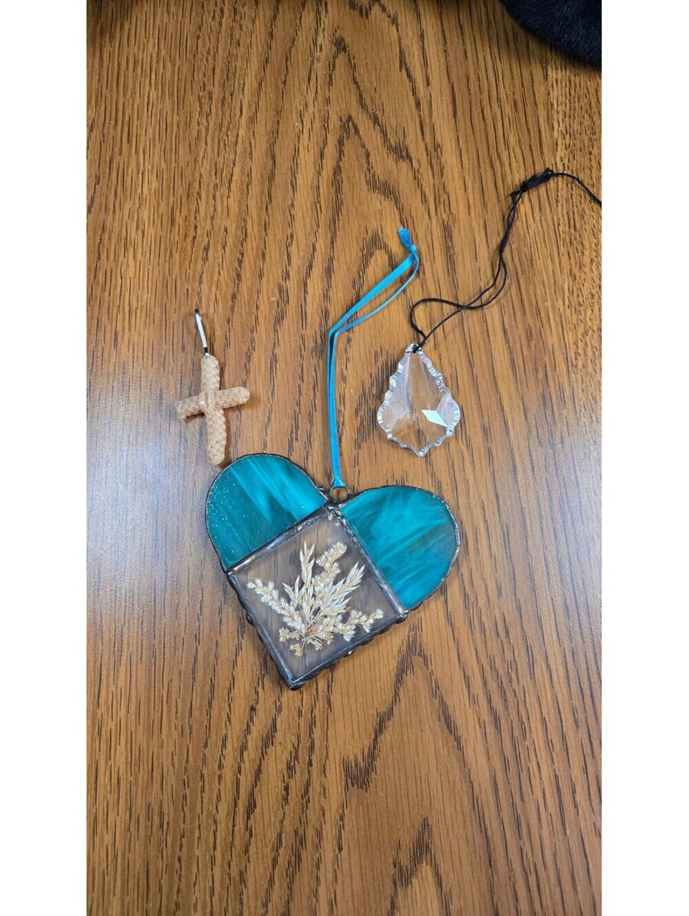 Handcrafted Stained Glass Heart Ornament with Dried Flowers and Charms
